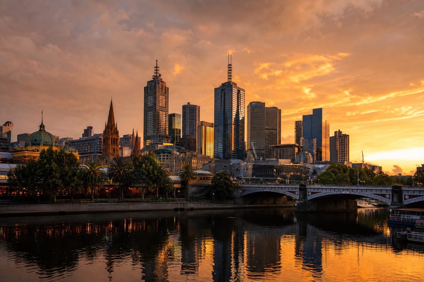 Melbourne city skyline at golden hour